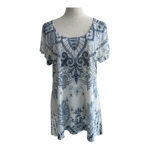 Brittany Black Blue White Paisley Floral Tunic Top L Boho Cottagecore (2486-15)